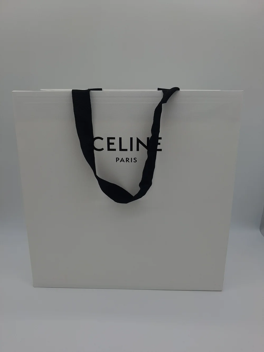 CELINE PARIS Large White Shopping Gift Bag Black Ribbon Handles 16